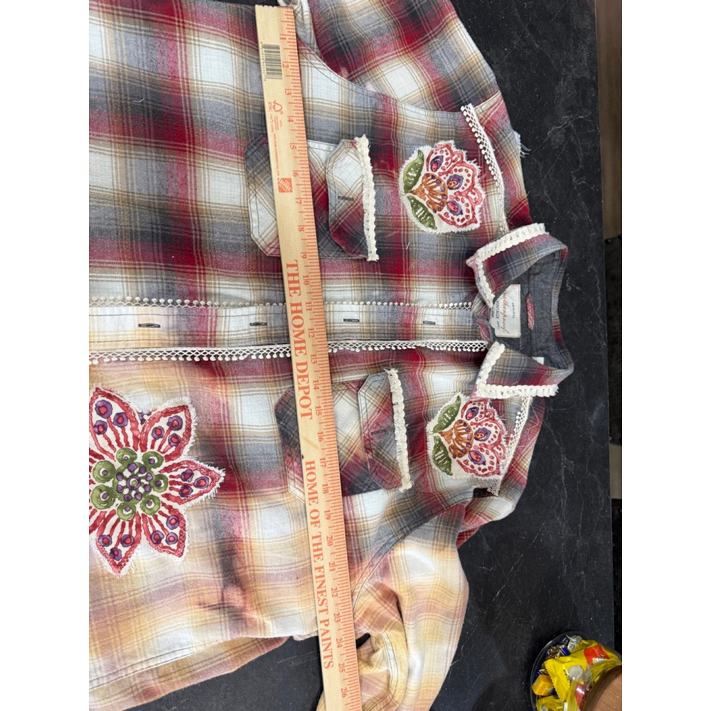 Upcycled Tie-Dye Red Flannel Shirt Button Down with Floral Appliqués - Picture 3 of 6